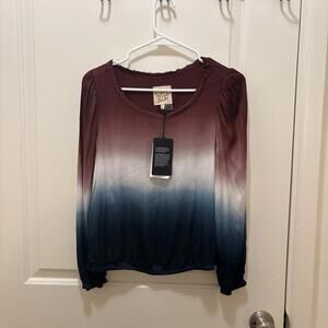 NEW Chaser Women’s Blouse Cropped Size Small Shirred Puff Sleeve Ombre Dip Dye